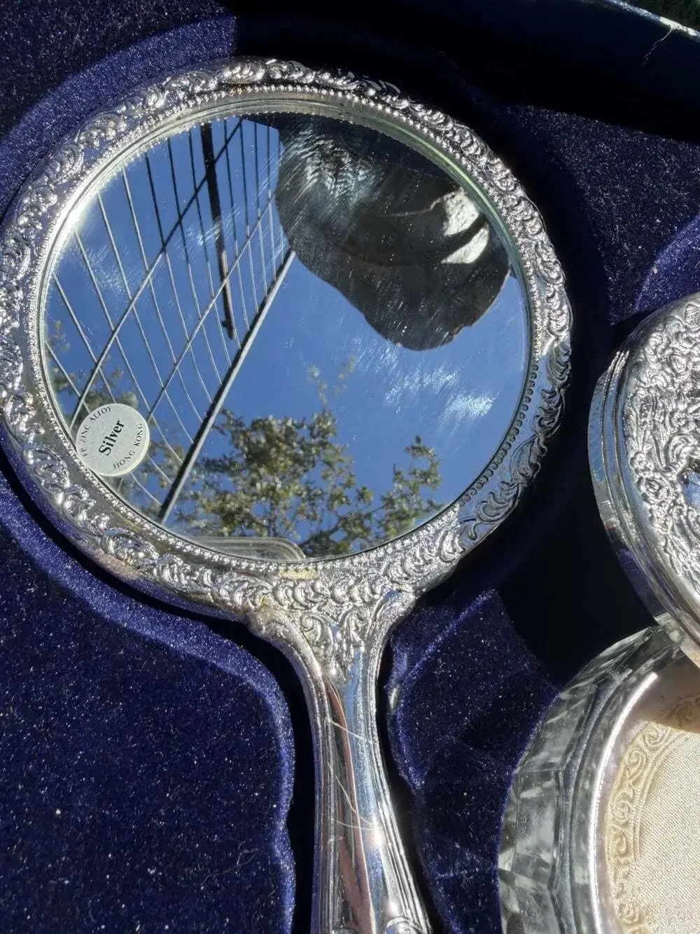 Vntg”Never Used”SilverPlated HandMirror Hair Brush Comb & Powder Jar Vanity Set